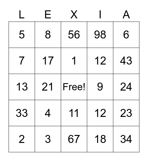 Attendance Prize Bingo Card