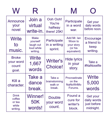 NaNoWriMo Bingo Card