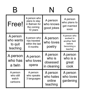 Getting to know you Bingo Card