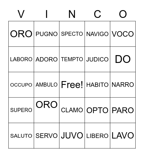 1ST CONJUGATION -ARE VERBS Bingo Card