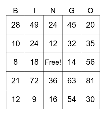 Multiplication Bingo Card