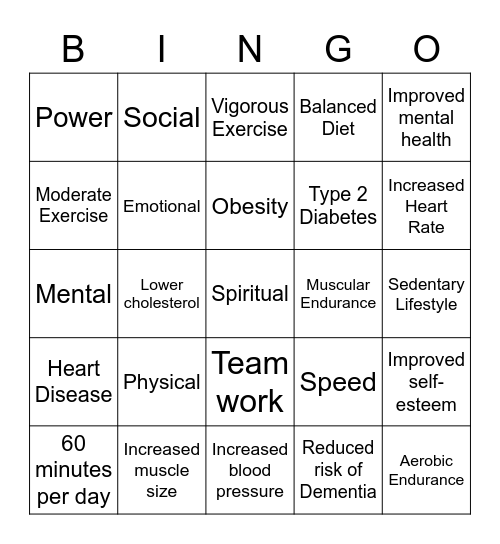 Health and Fitness Bingo Card