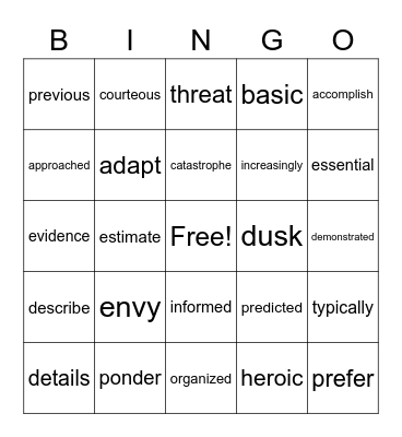 Vocabulary BINGO Card