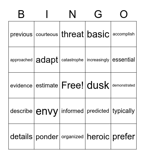 Vocabulary BINGO Card