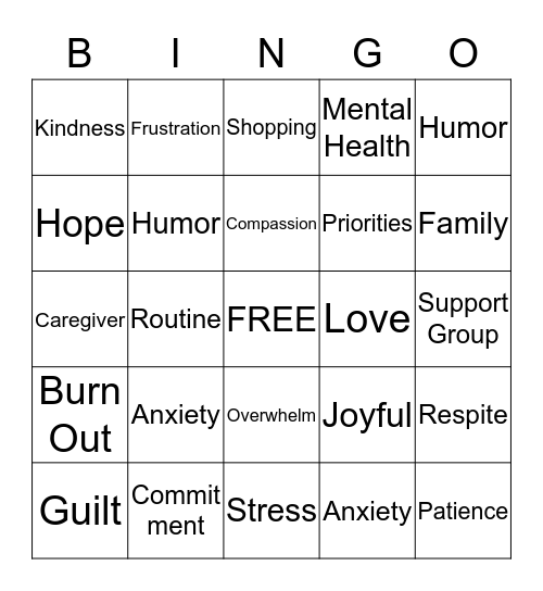 CAREGIVER STRESS Bingo Card