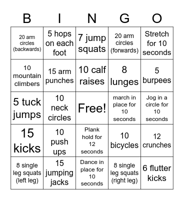 Fitness Bingo Card