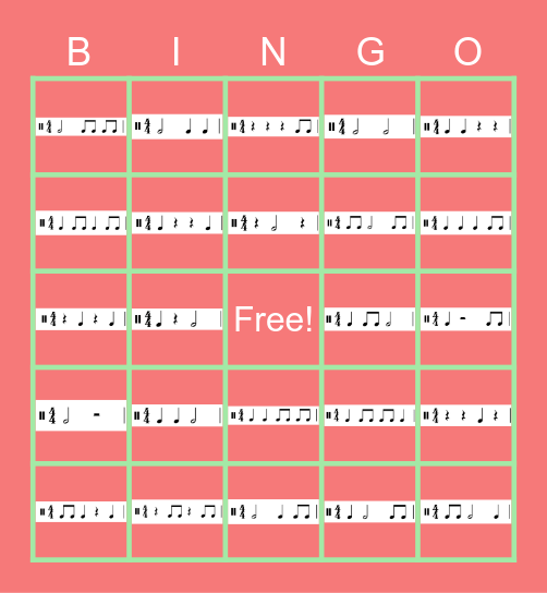 Rhythm Bingo 4/4 Bingo Card