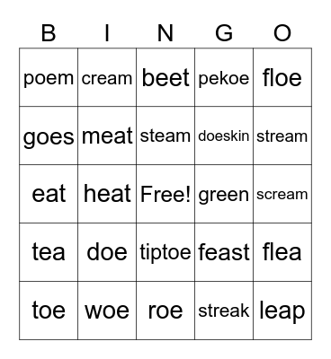 OE-EE-EA Vowel Team Bingo Card