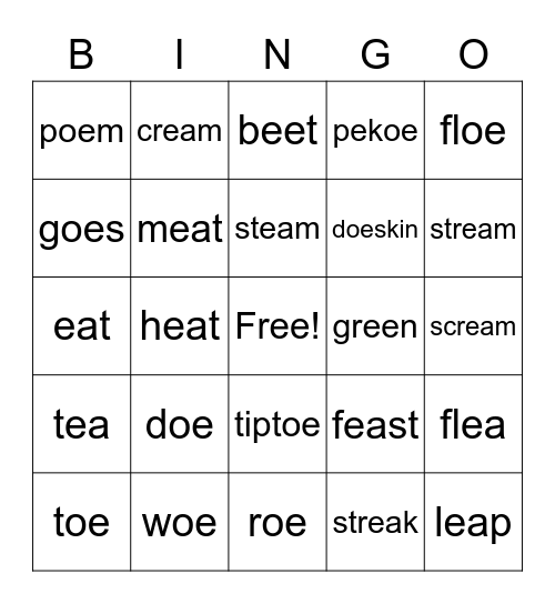 OE-EE-EA Vowel Team Bingo Card