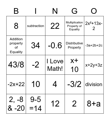 Algebra 1 Chapter 2 Review Bingo Card