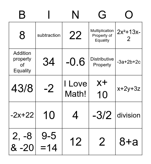 Algebra 1 Chapter 2 Review Bingo Card