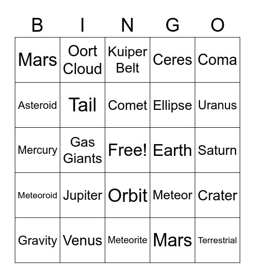 Solar System Bingo Card