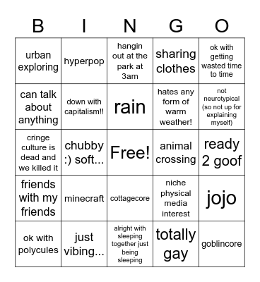 sweetie's type Bingo Card