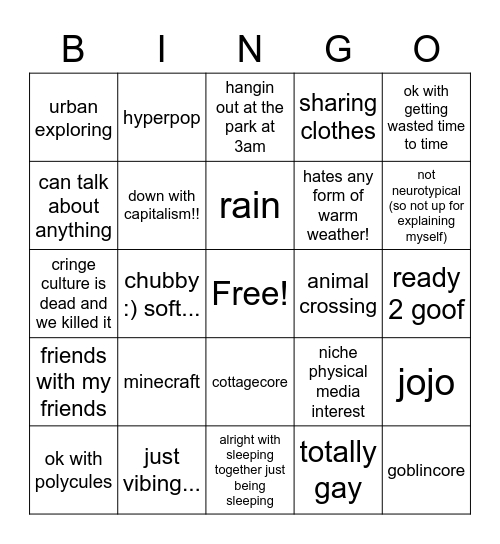 sweetie's type Bingo Card
