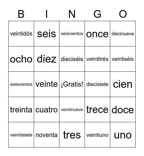 Los Números 0-2000 Bingo Card