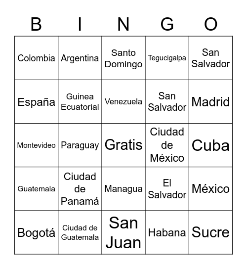 Los países hispanohablantes y las capitales Bingo Card