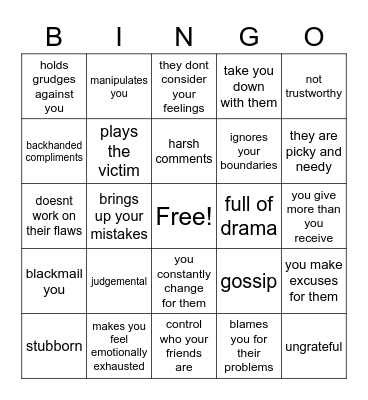 Toxic friend bingo Card