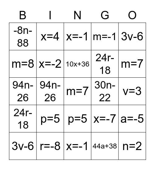 Solving Equations/Simplifying Expressions Bingo Card