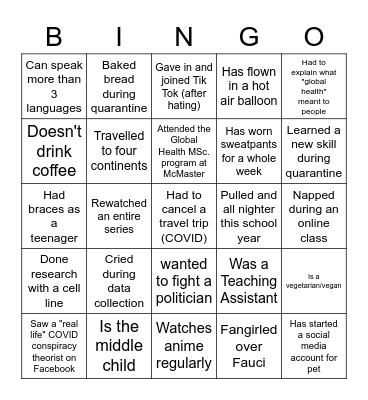 GHAR Team Bingo Card