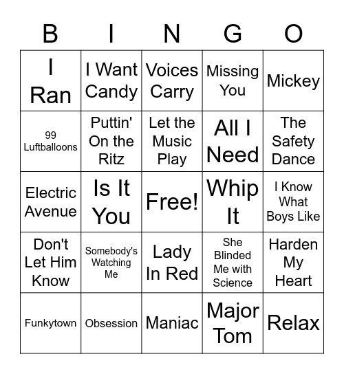 1980's One Hit Wonders Bingo Card