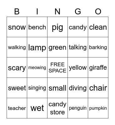 Nouns, Verbs, Adjectives Bingo Card