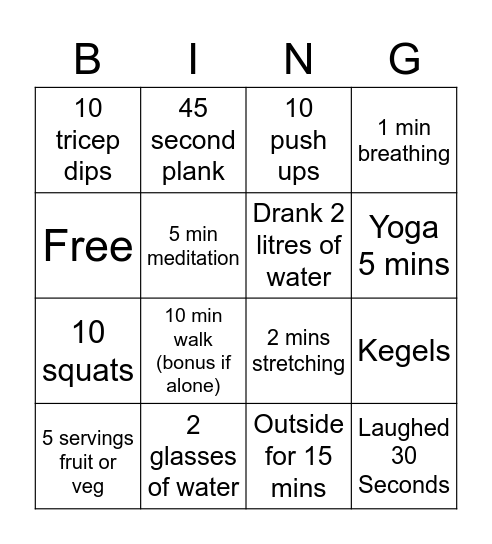 Healthy steps Bingo Card