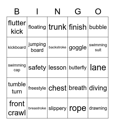 Swimming Bingo Card