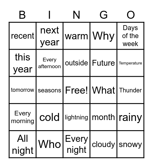 Weather & Time Bingo! Bingo Card