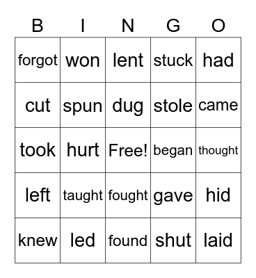Irregular Verbs Simple Past Bingo Card