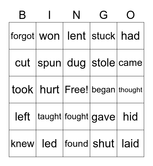 Irregular Verbs Simple Past Bingo Card