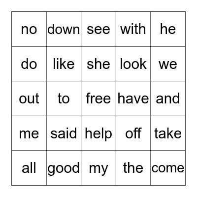 Sight Words Bingo Card