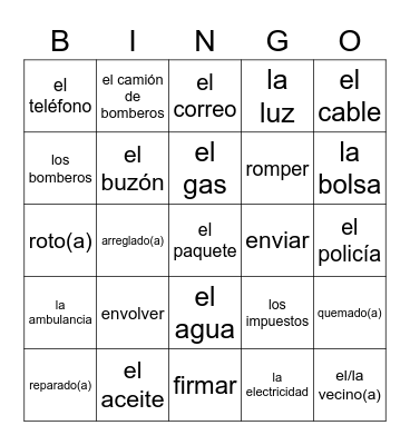 Spanish 3 Q1 Topic 4 (Services) Bingo Card