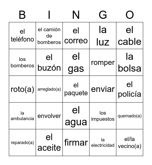 Spanish 3 Q1 Topic 4 (Services) Bingo Card