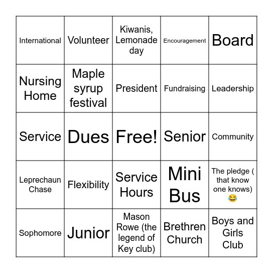 KEY CLUB BINGO!!!!!! Bingo Card