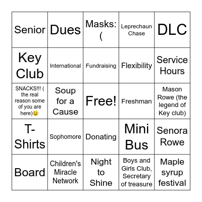 KEY CLUB BINGO!!!!!! Bingo Card