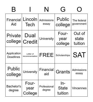 College Day BINGO Card