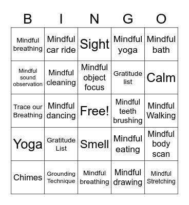 Mindfulness Bingo Card