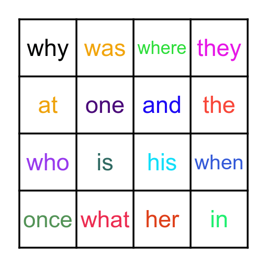 Grade 1 Sight Words Bingo Card