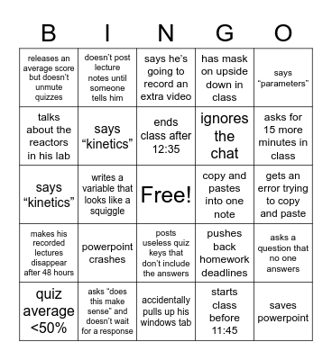 CBE 350/Dr. Trinh Bingo Card