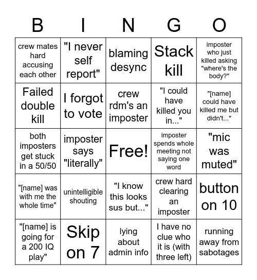 Among Us Bingo Card