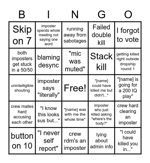 Among Us Bingo Card