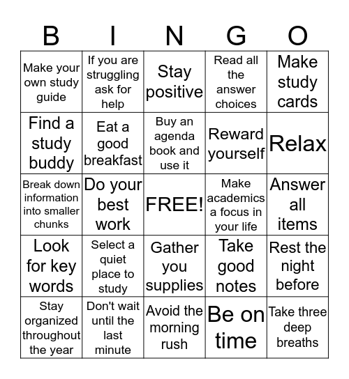Study Skills and Test Taking Tip  Bingo Card