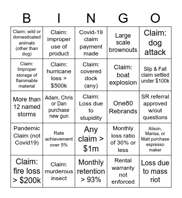 2021 Insurance Challenge Bingo Card