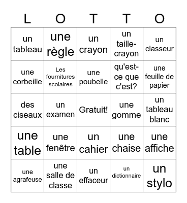 French Classroom Objets Bingo Card