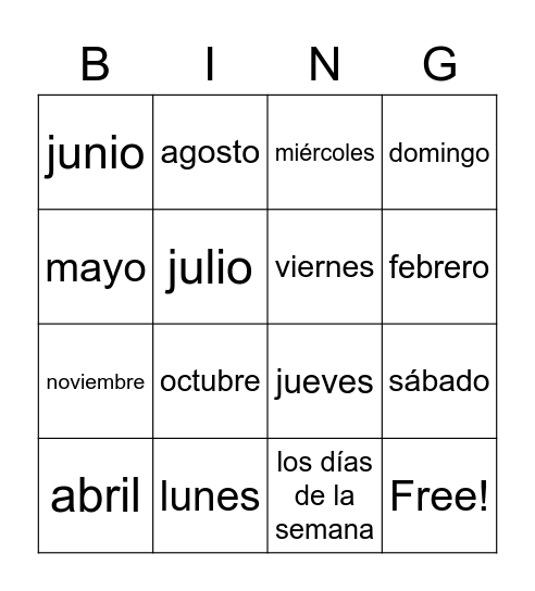Los días de la semana y los meses del año Bingo Card