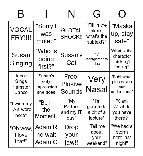 Susan Picillo Voice Over Bingo Card