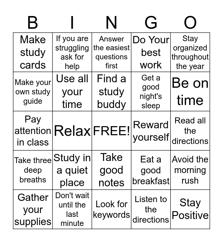 STUDY SKILLS AND TEST TAKING TIPS Bingo Card