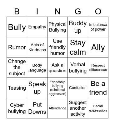 Bullying Bingo Game Bingo Card