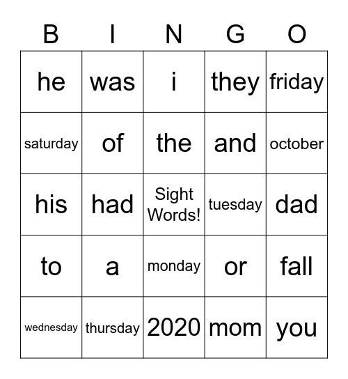 Sight Words Bingo Card
