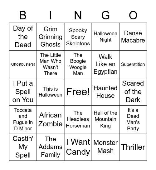 Halloween Song Bingo Card